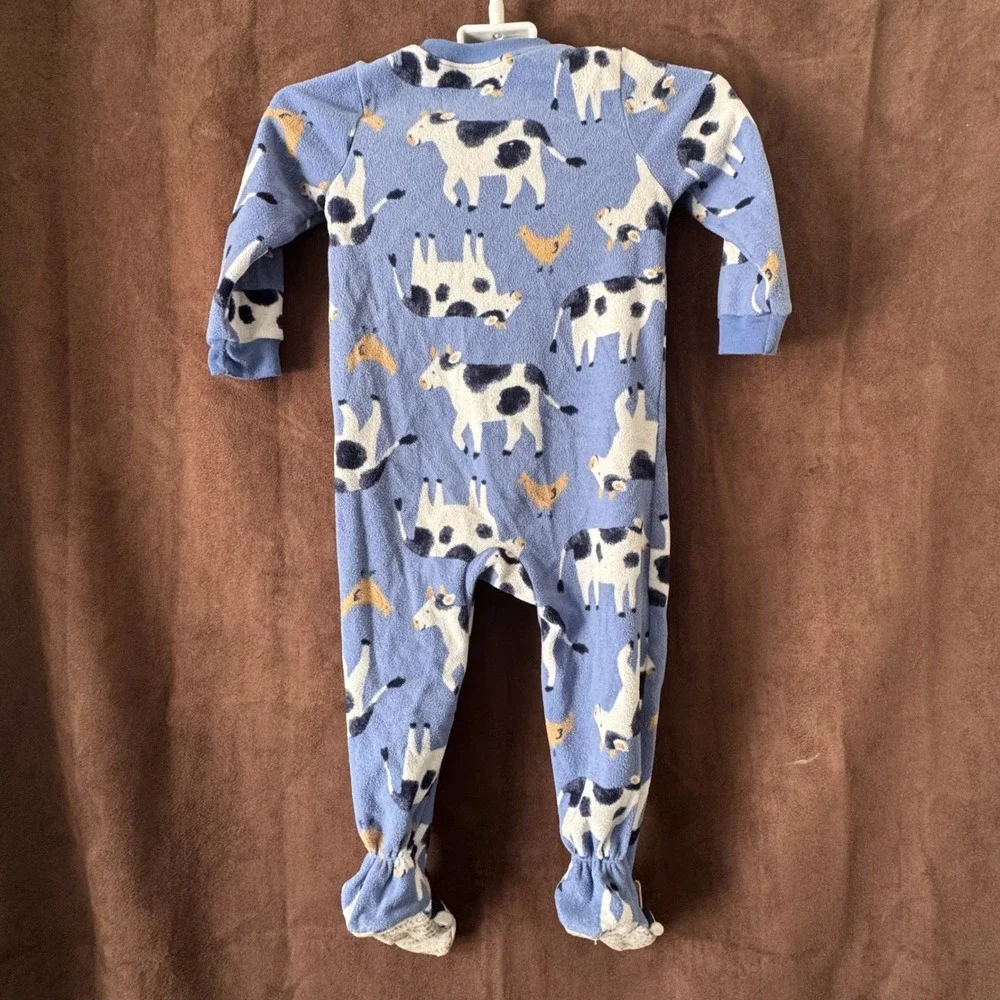 Carters Toddler‎ 2T Fleece Footed Pajamas Blue Farm Cow Chicken Print Sleeper